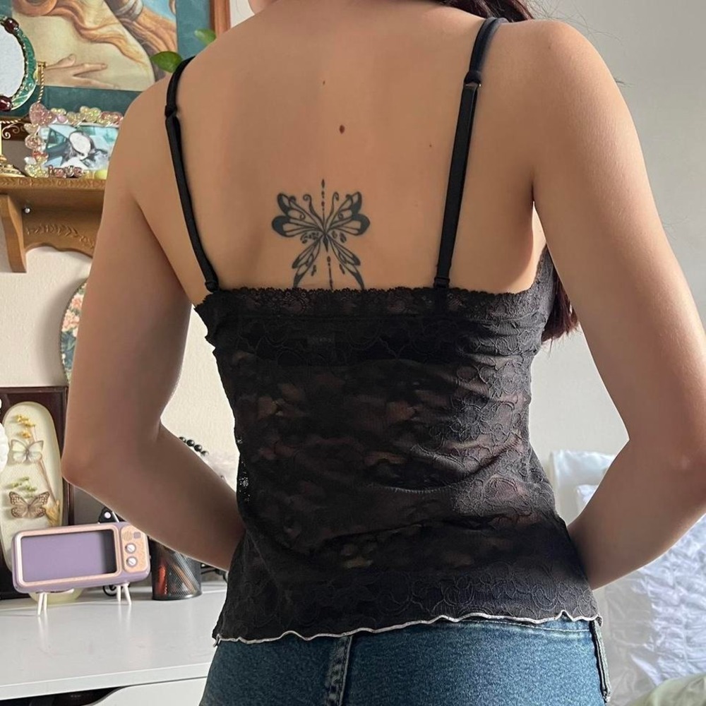 Vintage Black Lace Tank Top with Pink Bow Size small - Picture 3 of 4